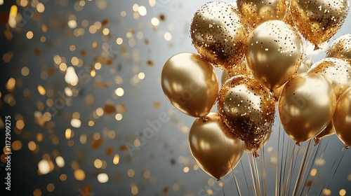 Festive 3d render of golden balloons soaring with colorful confetti for a birthday celebration photo