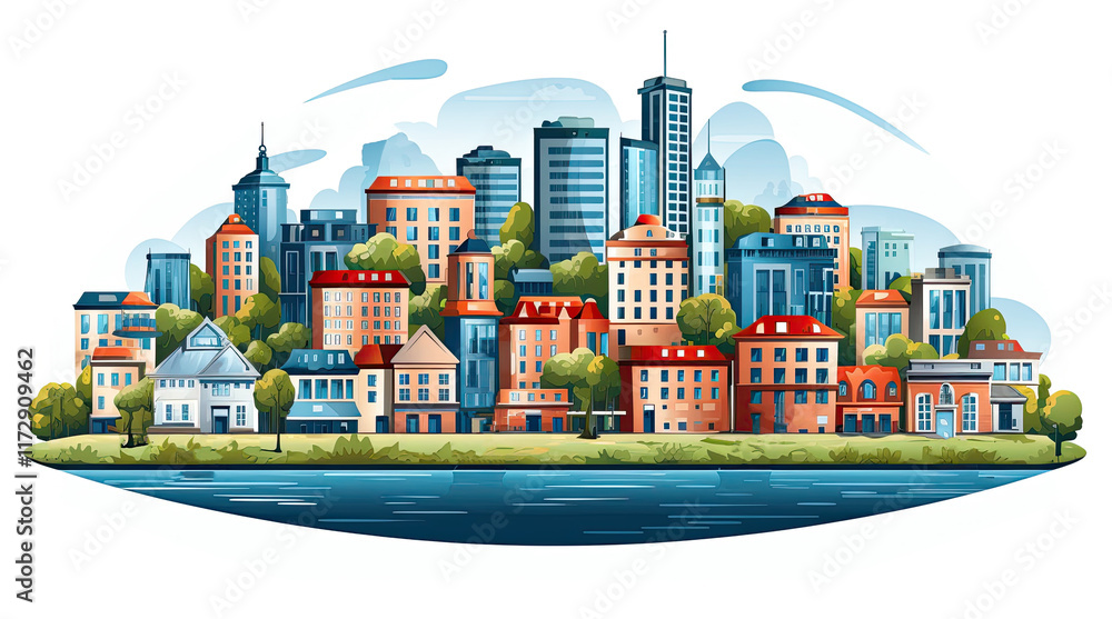 An illustration of modern city buildings isolated on a white background