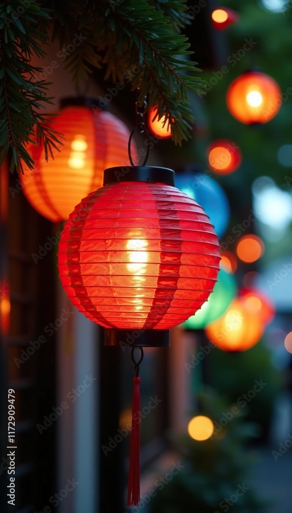 Fototapeta premium Colorful lanterns hang from a Christmas tree in Honolulu, bright, lantern