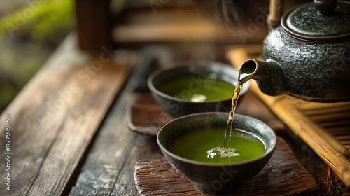 A traditional Japanese tea house with green tea being served to guests