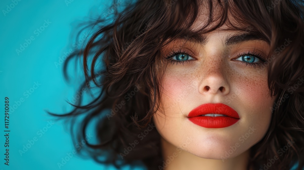 The image showcases a dynamic portrait of a woman with flowing curly hair, fiercely bright blue eyes, and expressive red lips, embodying vibrancy and confidence. The image showcases a dynamic portrait of a woman with flowing curly hair, fiercely bright blue eyes, and expressive red lips, embodying vibrancy and confidence.
