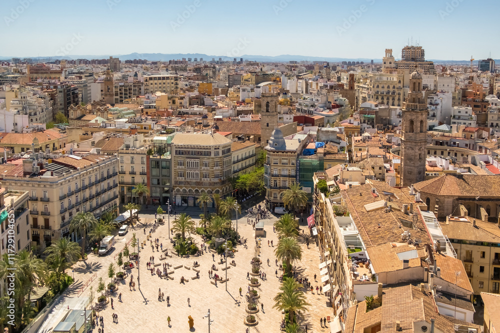 Top view of Plaza de la Reina square in central part of Valencia city, Spain