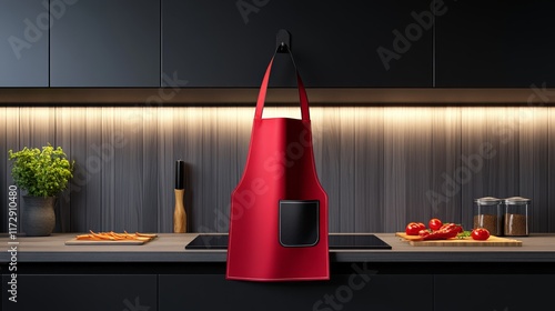 A red apron hangs in a modern kitchen, highlighting a sleek cooking environment. photo