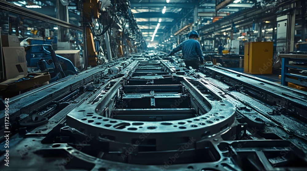Obraz premium A worker oversees a complex automated assembly line in a modern factory. The focus is on the intricate metal components moving along the conveyor, showcasing industrial manufacturing.