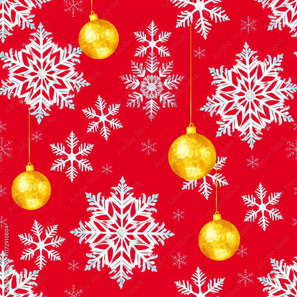 Festive Christmas background with snowflakes, red tones, and holiday decorations including balls and ornaments Festive Christmas background with snowflakes, red tones, and holiday decorations including balls and ornaments