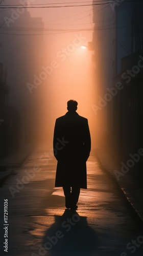 A solitary figure dressed in dark clothing walks slowly along a wet street. The fog envelops the surroundings, while a dim streetlamp casts a warm glow, adding to the mysterious atmosphere