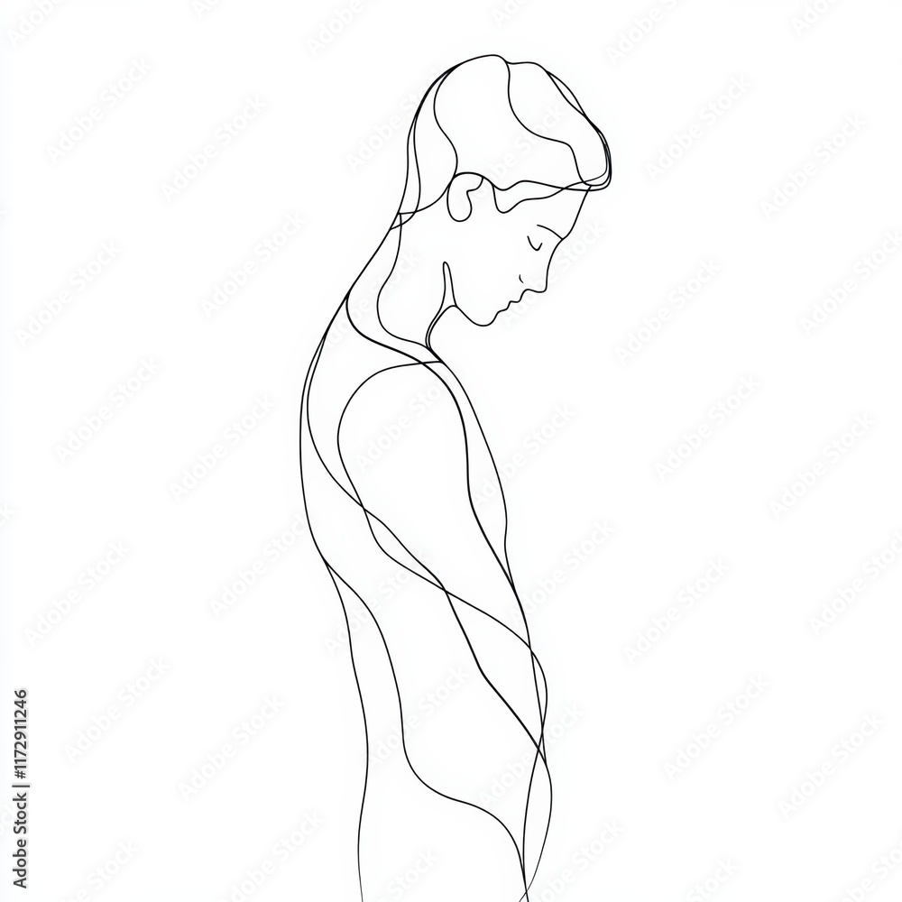 Fototapeta premium A minimalistic line drawing depicts a slender figure in a contemplative pose, emphasizing the beauty of simplicity and the depth of human emotion through artistic expression