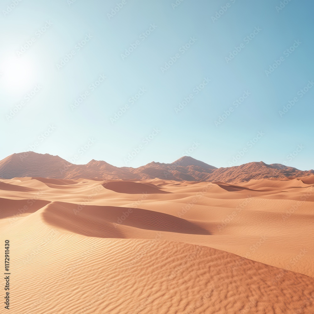 Endless golden sand dunes stretch across the landscape, gently shaped by the wind. The clear blue sky and distant mountains create a stunning backdrop, showcasing the beauty of the desert Endless golden sand dunes stretch across the landscape, gently shaped by the wind. The clear blue sky and distant mountains create a stunning backdrop, showcasing the beauty of the desert