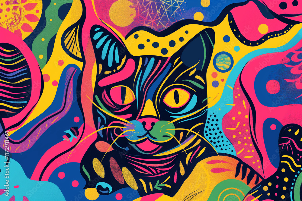 A vibrant and colorful line art of a cat surrounded by abstract shapes. A vibrant and colorful line art of a cat surrounded by abstract shapes.