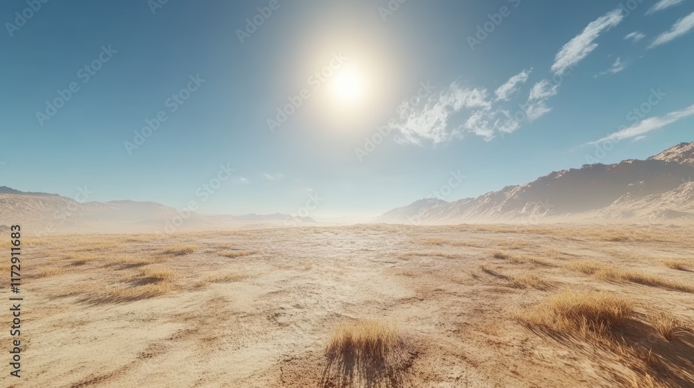 Fototapeta premium A vast arid landscape stretches under a bright sun, with golden grasses swaying gently. Distant mountains are visible against a clear blue sky, creating a serene atmosphere