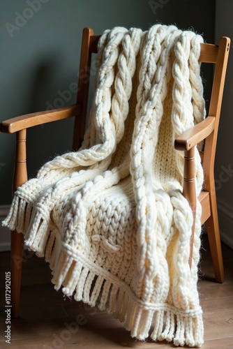 Natural alpaca wool throw with cable knit details, gewebte, dichte photo