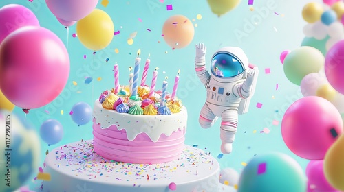 Pastel birthday party celebration with astronaut theme, cake, and space decor
 photo