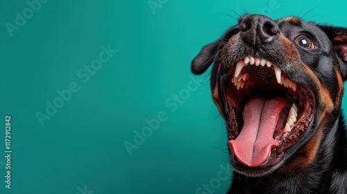 A close-up of a yawning Rottweiler with its mouth wide open, set against a vibrant green background, capturing a moment of canine impetuousness. photo