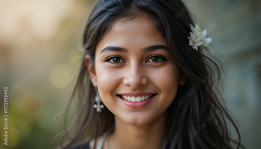 Portrait of a Smiling Young Woman with Flower in Hair Portrait of a Smiling Young Woman with Flower in Hair
