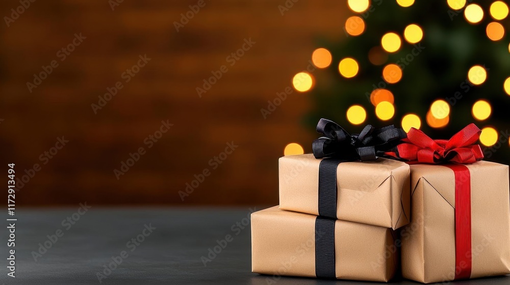 A photostock of a stack of beautifully wrapped holiday gifts with ribbons and bows, placed under a glowing Christmas tree, symbolizing joy and giving. High Quality A photostock of a stack of beautifully wrapped holiday gifts with ribbons and bows, placed under a glowing Christmas tree, symbolizing joy and giving. High Quality