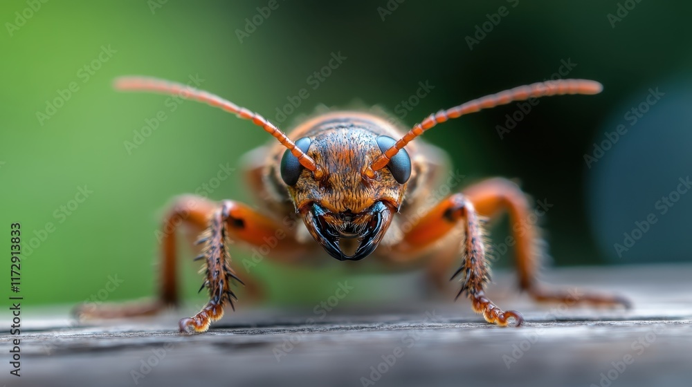 Macro shot of a fierce-looking insect with bright orange and black coloring, displaying intricate details on its head and antennae against a blurred background. Macro shot of a fierce-looking insect with bright orange and black coloring, displaying intricate details on its head and antennae against a blurred background.