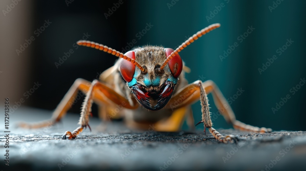 Naklejka premium A close-up image of an insect with vibrant colors and shiny eyes, captured on a textured surface, showcasing its sharp mandibles and detailed antennae.