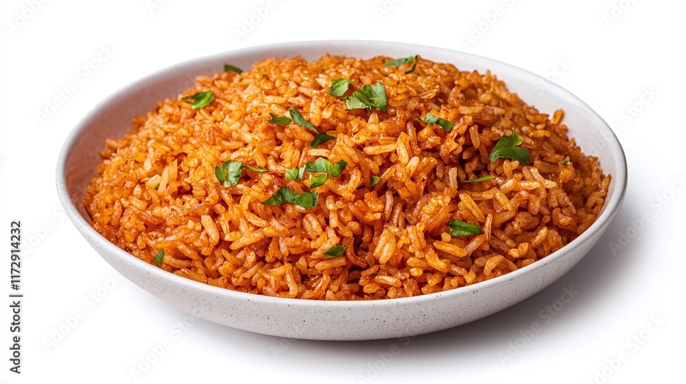 A bowl of delicious red rice garnished with fresh parsley, isolated on white background. A bowl of delicious red rice garnished with fresh parsley, isolated on white background.