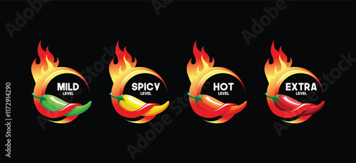 Vector illustration of hot chili label design with mild, spicy, hot and extra levels. Hot chili and fire logo