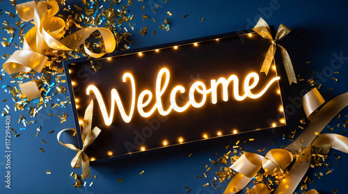 Glowing welcome sign on blue background with festive confetti, top view. Welcome sign with neon effect. Welcome home
