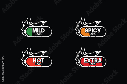 Line style vector illustration of hot chili labels with mild, spicy, hot and extra levels. Hot chili and fire logo