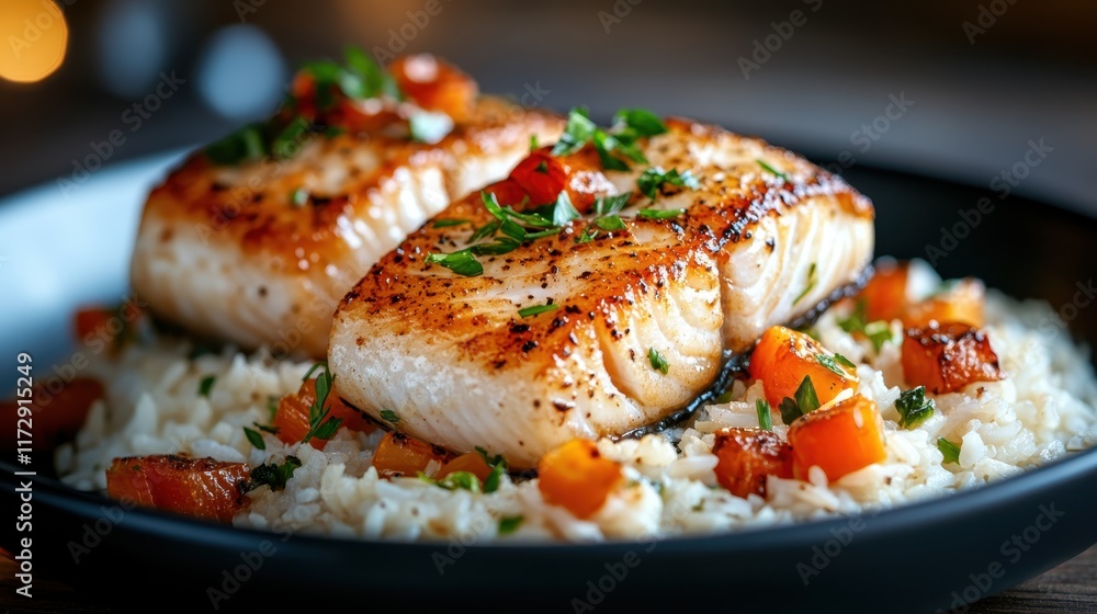 Expertly seared salmon fillets sit atop a fluffy rice bed, complemented by autumn vegetables and garnished with fresh parsley, creating a hearty meal. Expertly seared salmon fillets sit atop a fluffy rice bed, complemented by autumn vegetables and garnished with fresh parsley, creating a hearty meal.