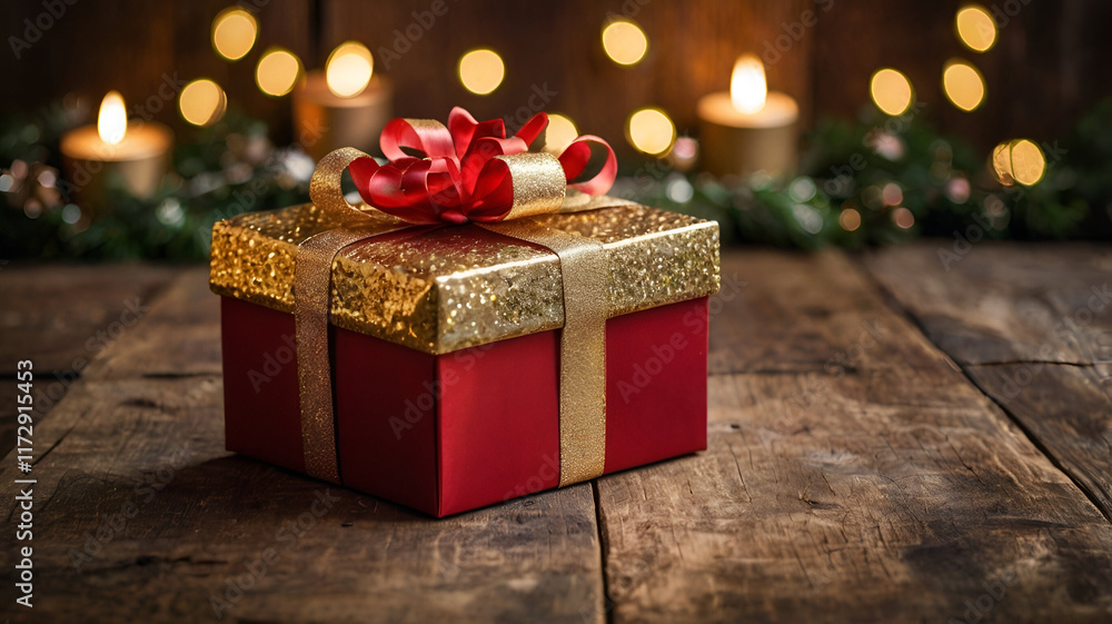 A beautifully wrapped Christmas gift with festive ribbons sits on a cozy, holiday-themed surface A beautifully wrapped Christmas gift with festive ribbons sits on a cozy, holiday-themed surface
