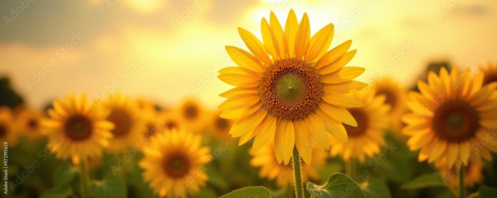 Fototapeta premium Tall sunflowers with golden petals facing the warm sunlight, proud, golden
