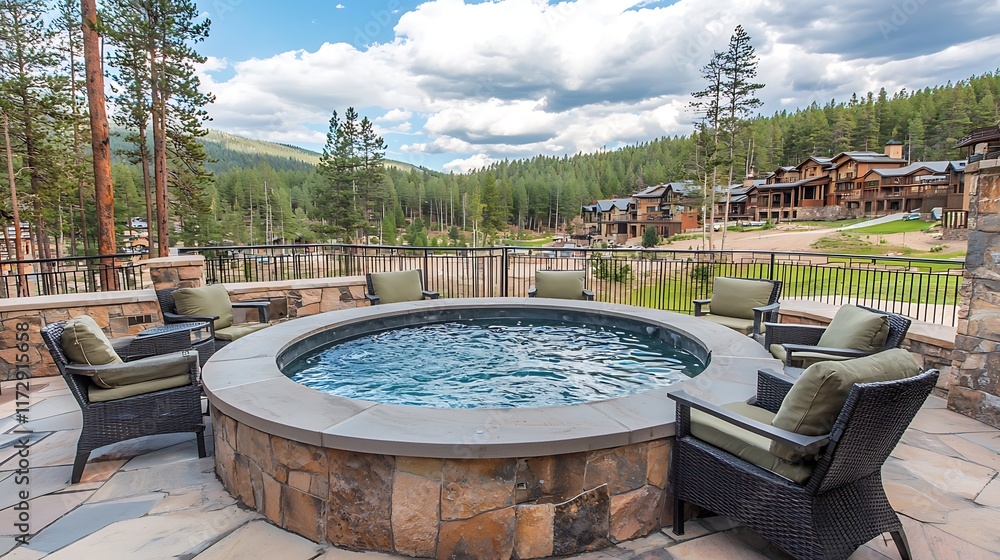 Fototapeta premium Round hot tub on patio with mountain view, surrounded by chairs.