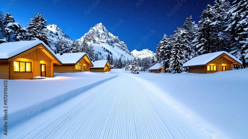 Naklejka premium A photostock of a traditional snowy village with warmly lit cottages surrounded by tall pine trees under a clear starry winter sky, symbolizing tranquility. High Quality