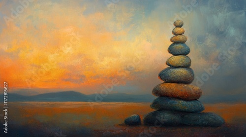 A vibrant pebble tower glowing softly under evening light, symbolizing balance and serenity.