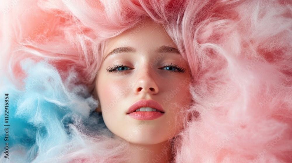 This image captures a serene portrait of a woman submerged in fluffy pink and blue clouds, evoking a dreamy, tranquil feeling with soft pastel colors prominent throughout. This image captures a serene portrait of a woman submerged in fluffy pink and blue clouds, evoking a dreamy, tranquil feeling with soft pastel colors prominent throughout.
