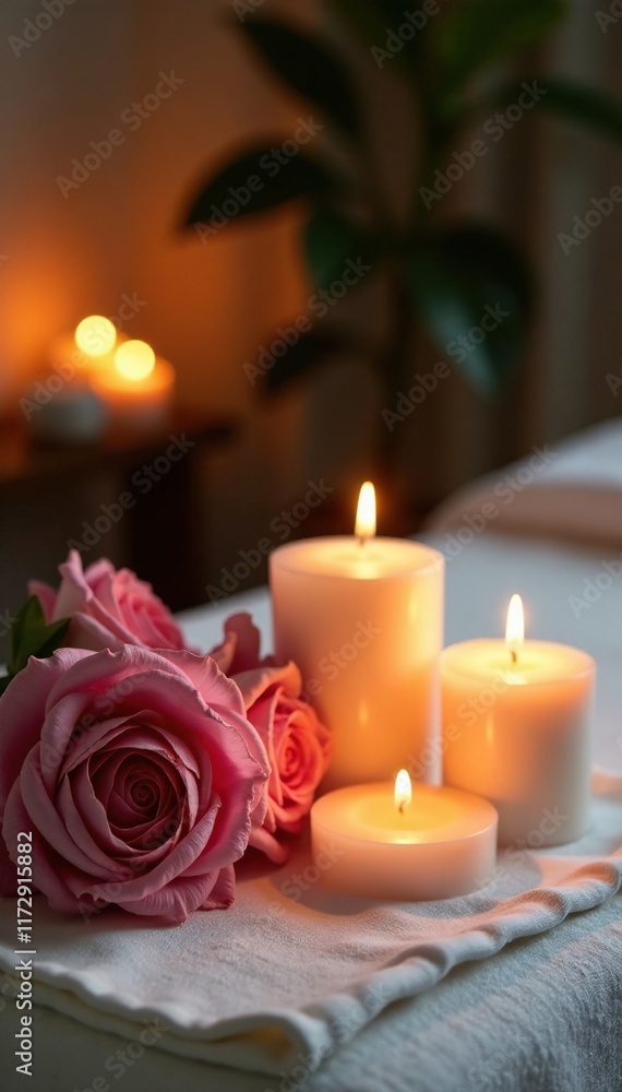 The soft glow of candles illuminates a stunning floral arrangement on a gleaming white massage table, intimate, relaxation The soft glow of candles illuminates a stunning floral arrangement on a gleaming white massage table, intimate, relaxation