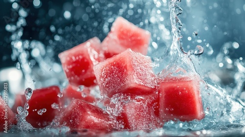 A visually striking scene of watermelon cubes surrounded by dynamic splashes of water captures the youthful energy and vibrancy of summer's bounty.