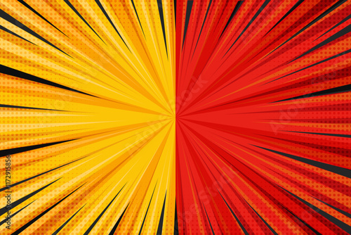 Pop art comic background. Superhero cartoon book design with retro starburst effect. Vs template with yellow and red backdrop. Funny striped poster with power of explosion. Bright vector manga banner