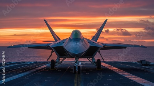 Front view of an F-22 Raptor fighter jet ready to take off from the aircraft carrier deck. Calm sea and scenic sunset on the background. Military aircraft, navy