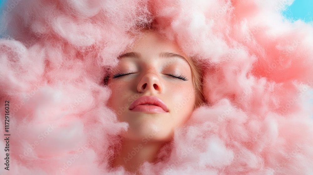 A serene woman is enveloped in soft pink fluff, capturing an ethereal and dreamlike aesthetic, conveying a sense of peace and tranquility in a visual embrace. A serene woman is enveloped in soft pink fluff, capturing an ethereal and dreamlike aesthetic, conveying a sense of peace and tranquility in a visual embrace.