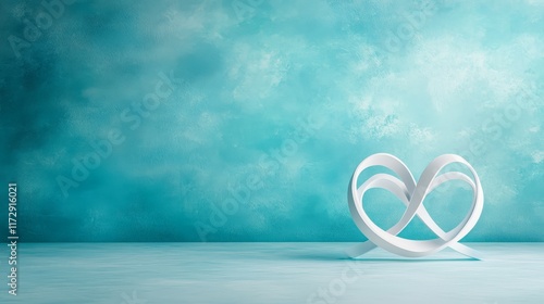 A minimalist sculpture of a heart shape sits against a soft turquoise background, ideal for conveying themes of love, connection, and harmony, Perfect for use in marketing, design, and wellness, photo