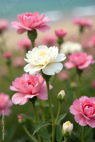 White carnation blooms in a field of soft pink wildflowers, beachy, flowers, nature