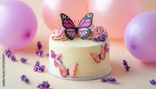 Butterfly-themed birthday cake surrounded by lavender and pink balloons on a light peach background photo