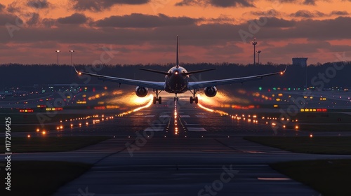 Front view of passenger plane taking off from the airport runway at sunset