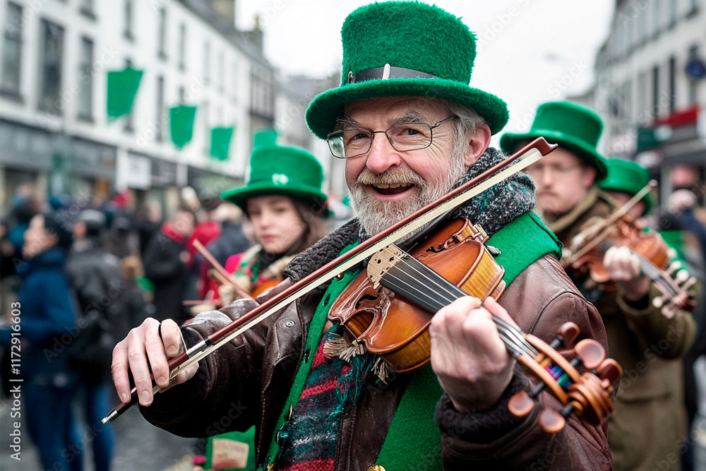 Fototapeta premium Musicians playing violin during St. Patrick's Day parade