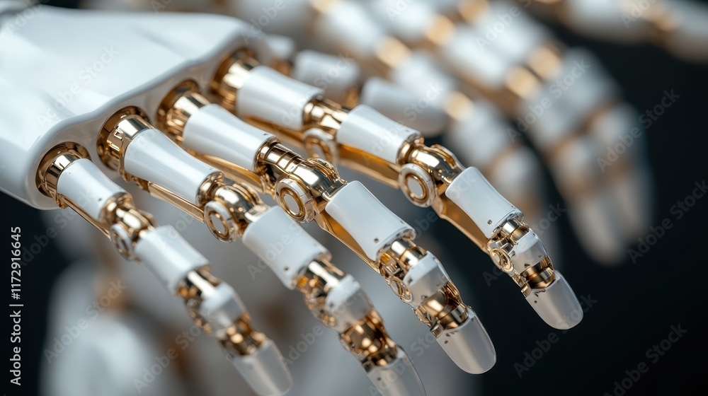 A close-up image of a futuristic robotic hand with intricate golden joints and white exterior, illustrating advanced technology and precision craftsmanship. A close-up image of a futuristic robotic hand with intricate golden joints and white exterior, illustrating advanced technology and precision craftsmanship.