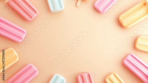 A vibrant summer banner featuring popsicles in pastel shades forming a neat pattern on a neutral beige backdrop.