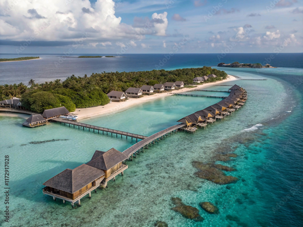 Fototapeta premium view of the sea from the beach, breathtaking aerial view captures stunning expanse of Maldives island, showcasing luxurious water villas resort and intricate wooden pier against backdrop of a vibrant,
