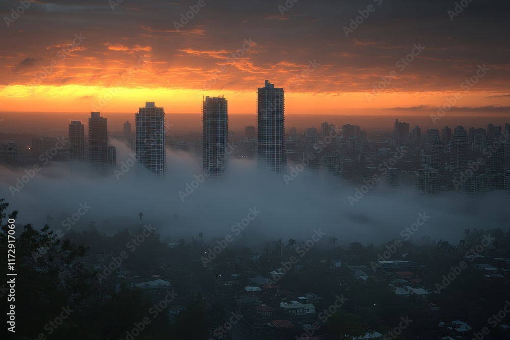 Fototapeta premium City skyline at sunrise, shrouded in mist. A dramatic orange sky contrasts with the dark silhouettes of buildings.