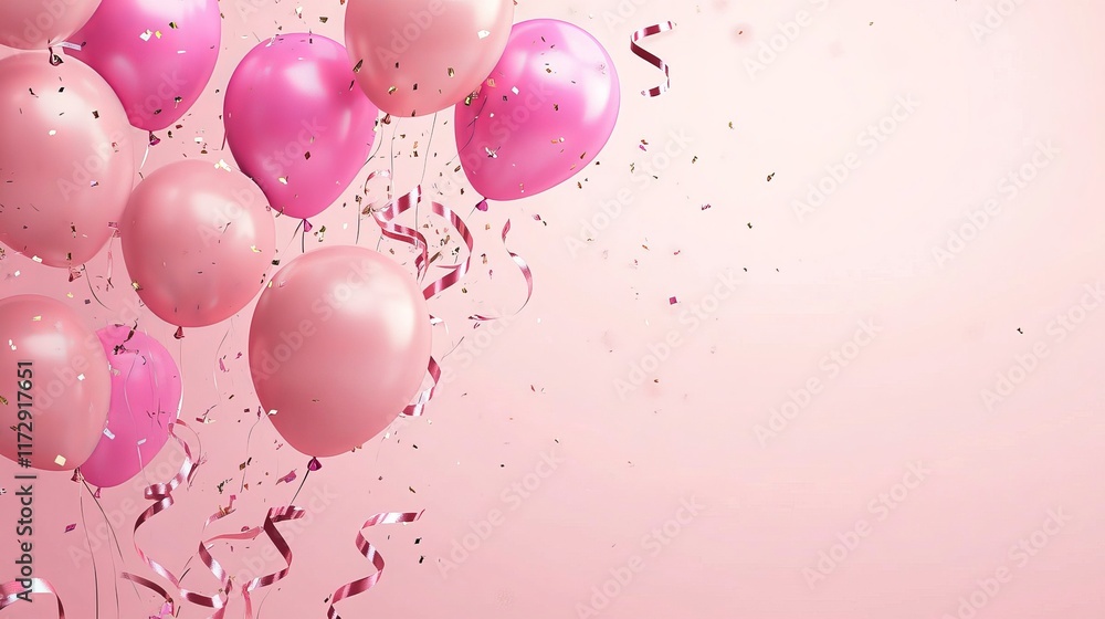 Elegant pink birthday background with balloons, ribbons, and festive decoration
Elegant pink birthday background with balloons, ribbons, and festive decoration