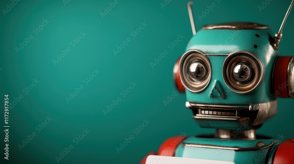 Fototapeta premium The retro robot features a unique design with expressive eyes and a lined mouth, standing against a solid green backdrop, emphasizing its playful, artistic look.