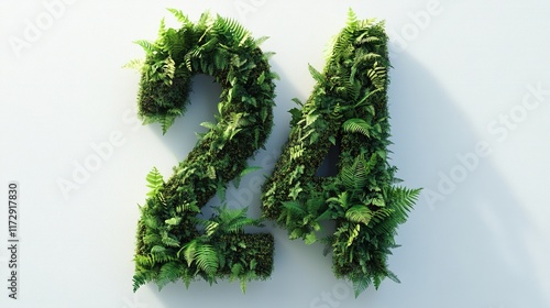 Number 24 made of green leaves and ferns. photo