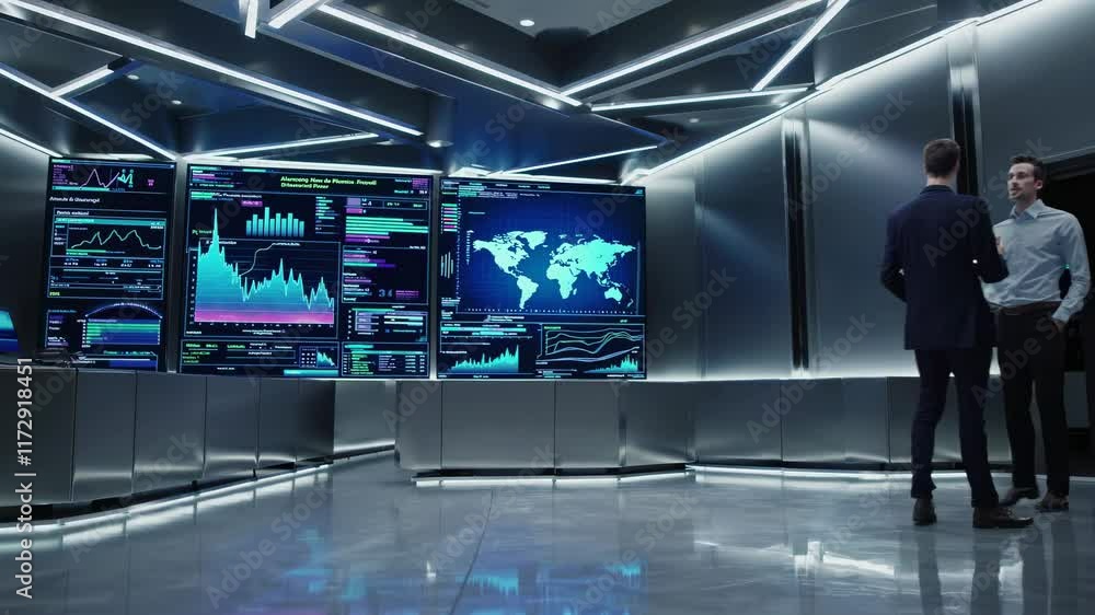 Professionals discuss data analysis strategies in a modern tech environment with advanced screens displaying analytics Professionals discuss data analysis strategies in a modern tech environment with advanced screens displaying analytics